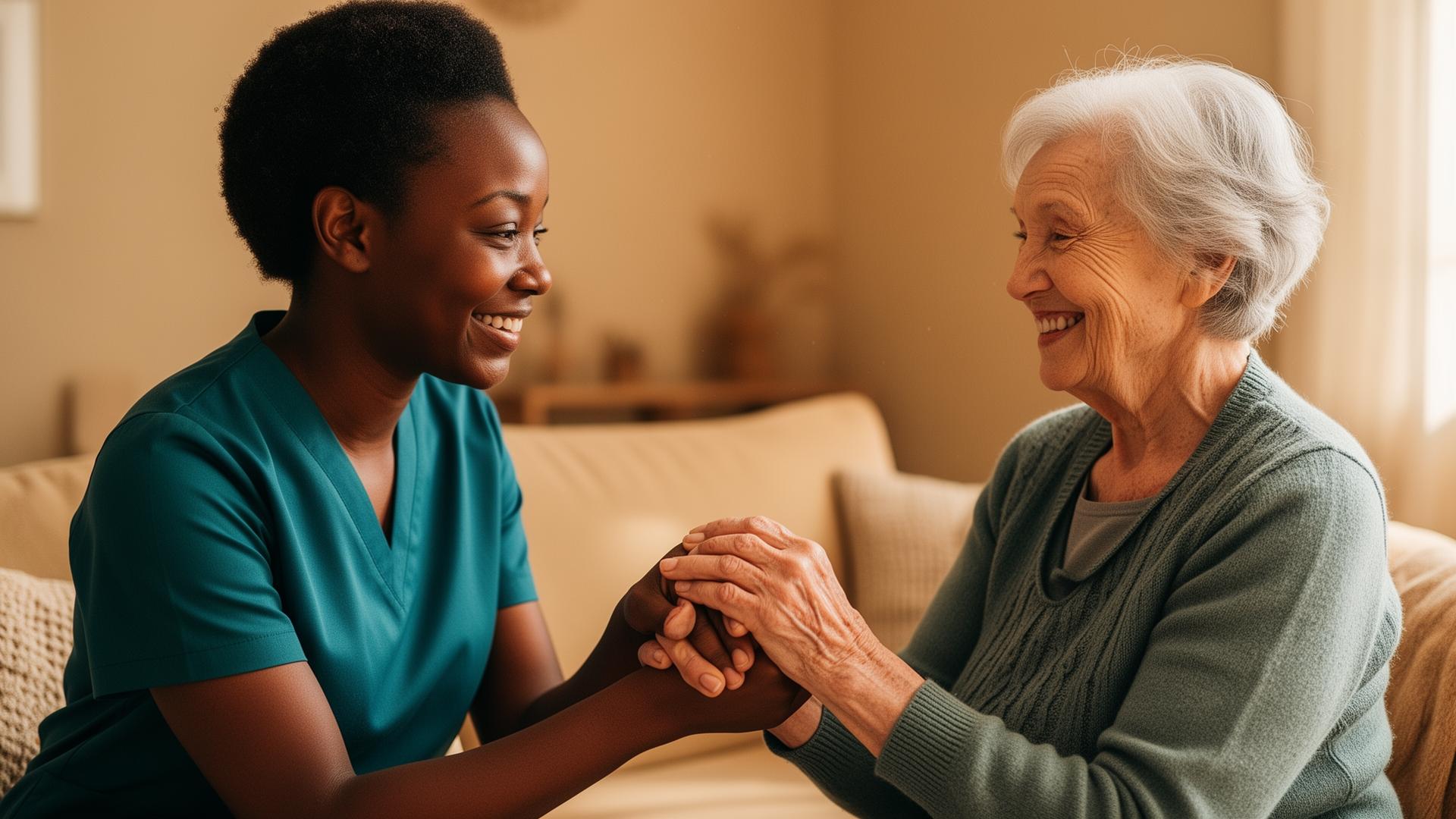 Caregiver holding hands with elderly woman in a sunlit room